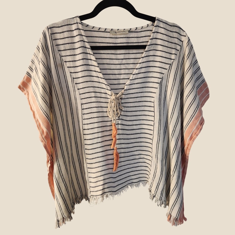 Quagga Womens Striped Cotton Poncho White Boho Resortwear Vacation Beach